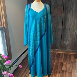 Valerie Steven’s Slip nightgown slip robe set Teal paisley matching hanger Sz M